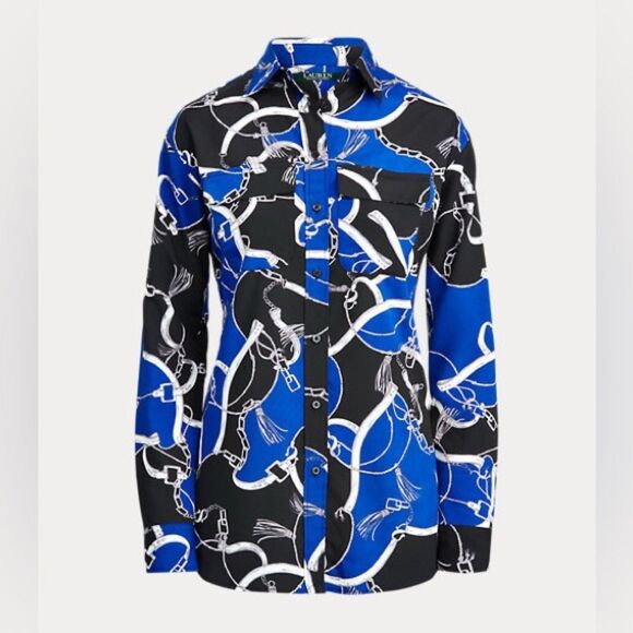 Ralph Lauren Equestrian Harness & Chain Print Crepe Button Down Shirt - Picture 2 of 11